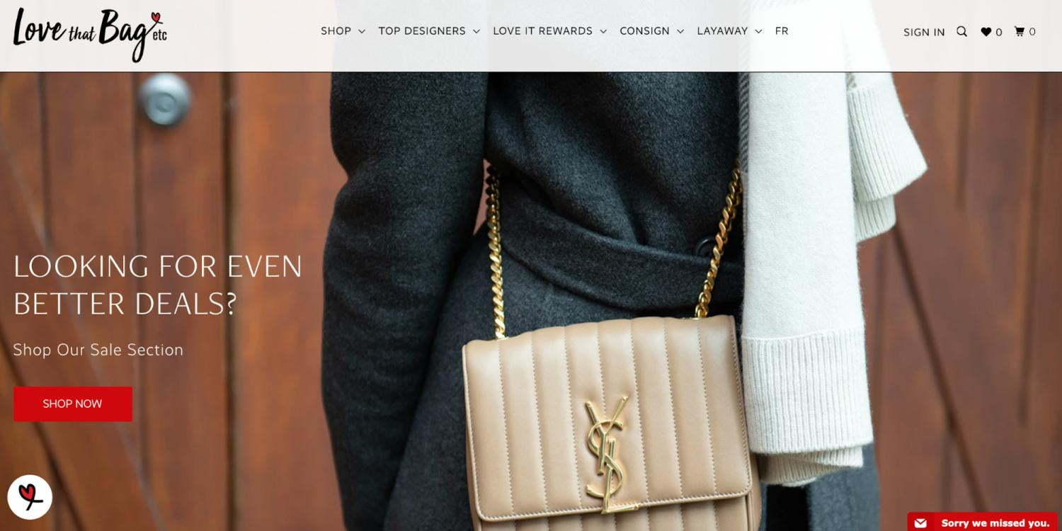 Strona główna Love that Bag etc prezentująca jedną z designerskich torebek.