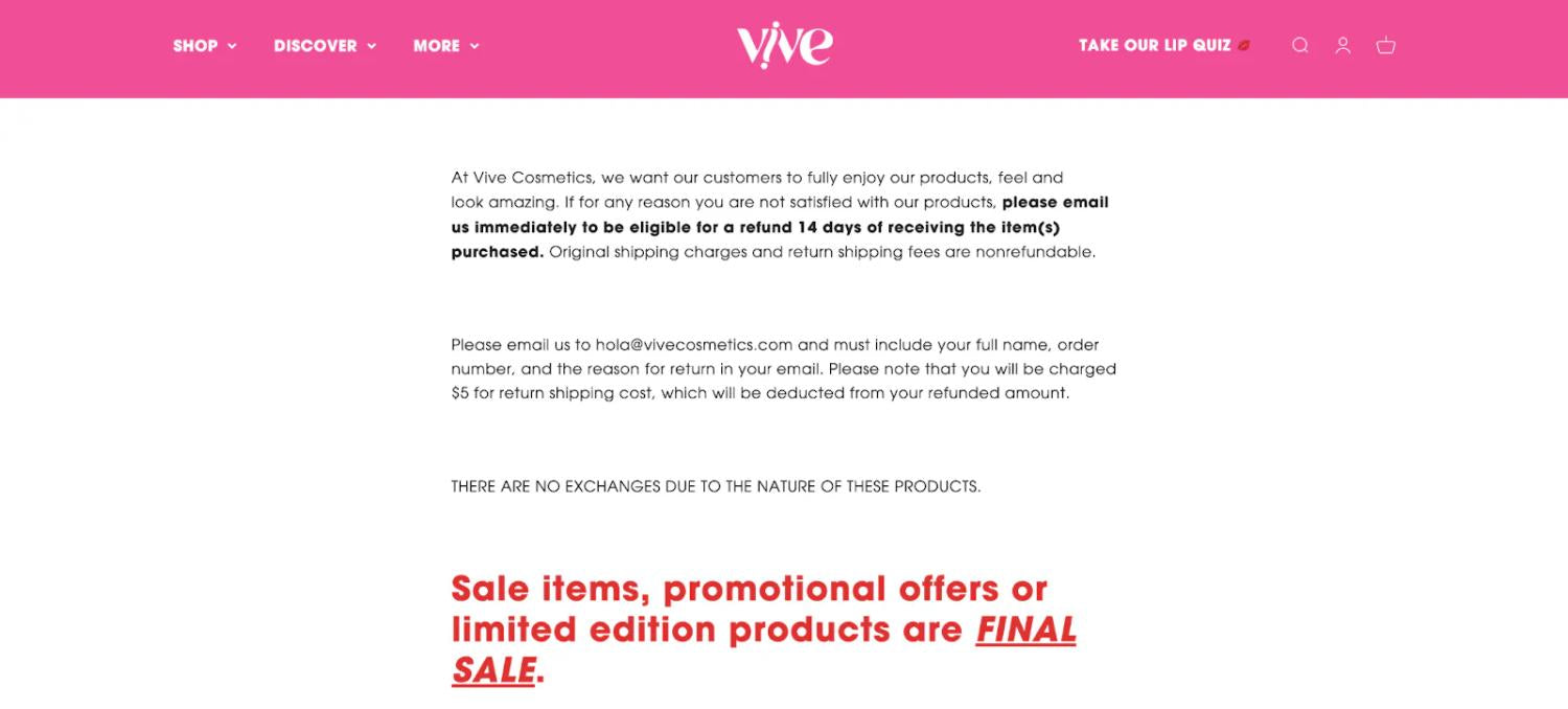 Polityka zwrotów dla Vive Cosmetics, stwierdzająca, że wyprzedaże i oferty promocyjne są ostateczną sprzedażą.
