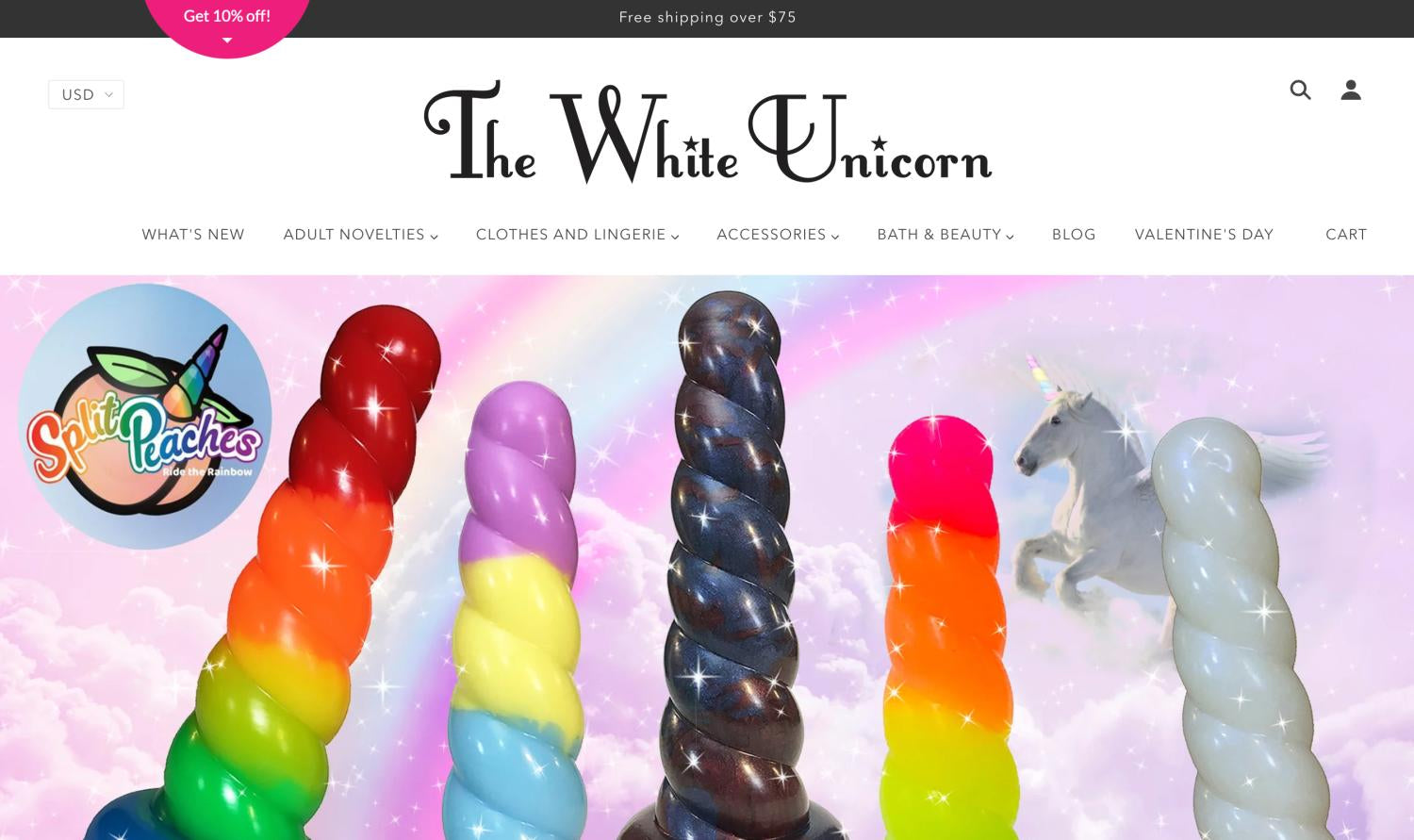Kolorowa strona główna sklepu internetowego The White Unicorn z zabawkami erotycznymi