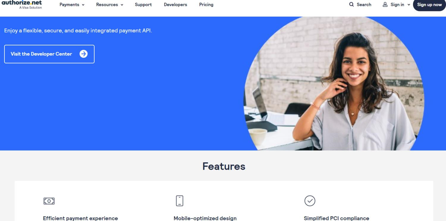 Strona docelowa Authorize.net prezentująca usługi API płatności
