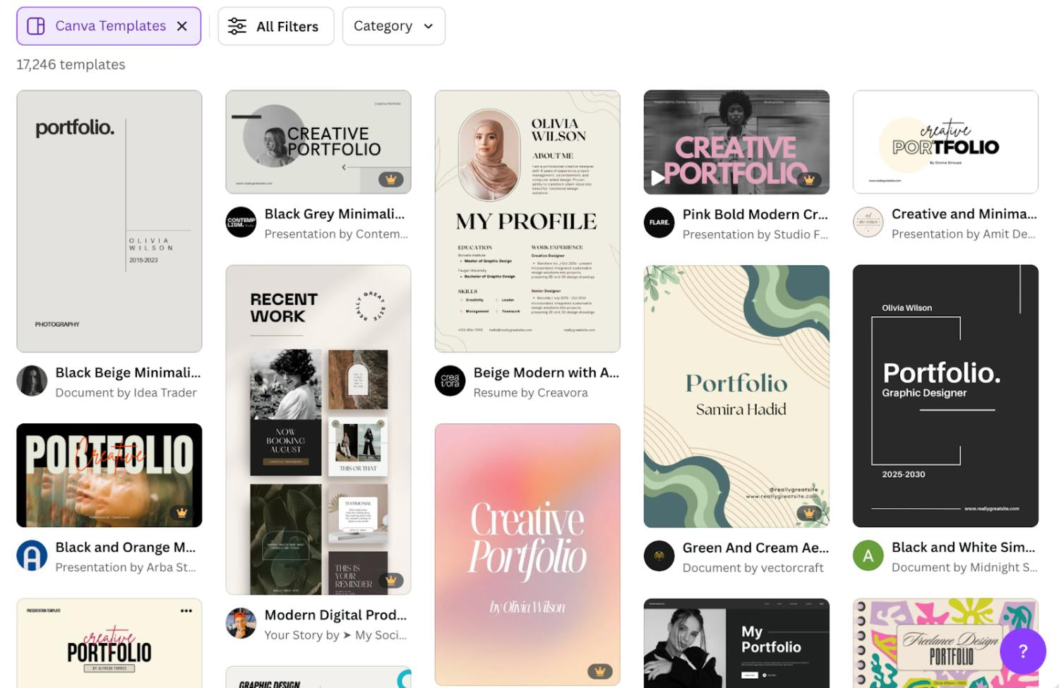 Zrzut ekranu opcji szablonów portfolio w Canvie.