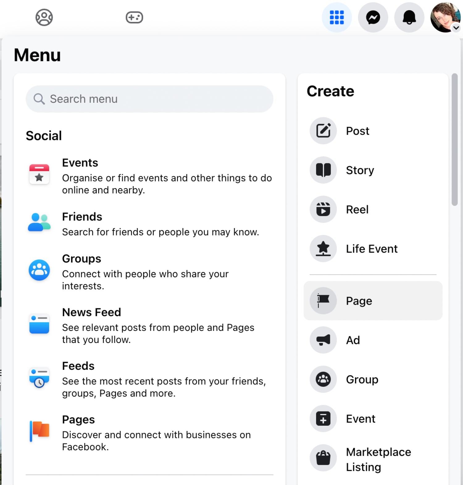 Menu Facebooka wyświetla różne opcje, w tym funkcję tworzenia strony firmowej.