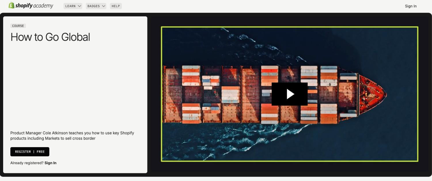 Zrzut ekranu strony głównej kursu Shopify Jak zdobyć rynki zagraniczne