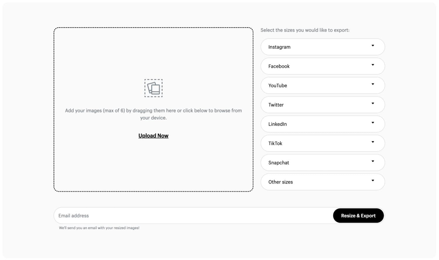 Ekran przesyłania obrazów dla darmowego narzędzia do zmiany rozmiaru obrazów Shopify.