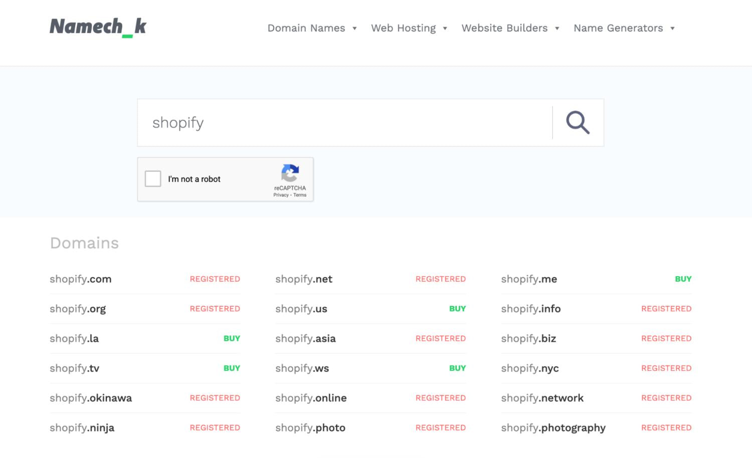 Wyniki Namechk pokazujące zarejestrowane domeny, które zawierają wyraz Shopify.
