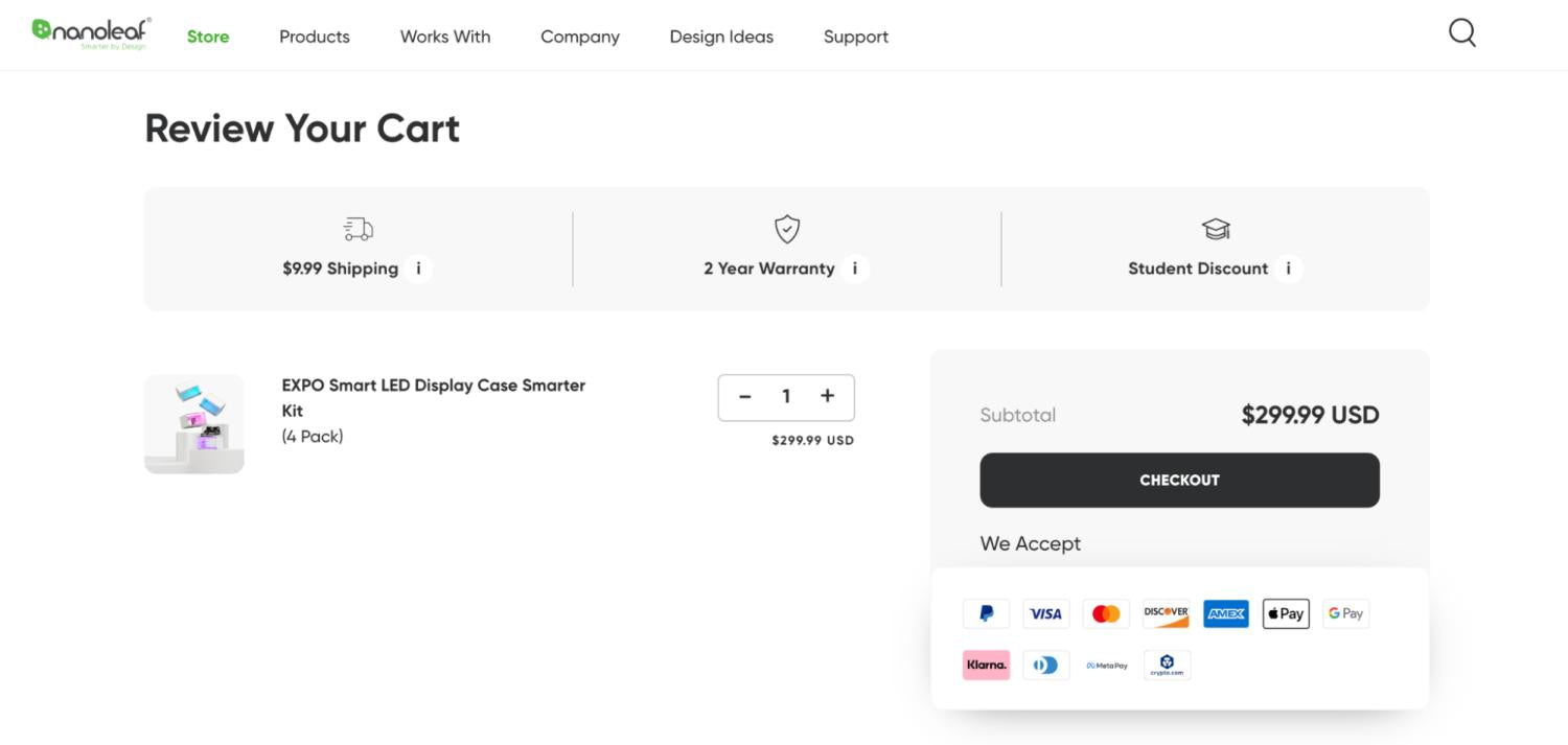 Strona koszyka Nanoleaf z informacjami o kosztach wysyłki i uproszczonym przyciskiem finalizacji zamówienia.