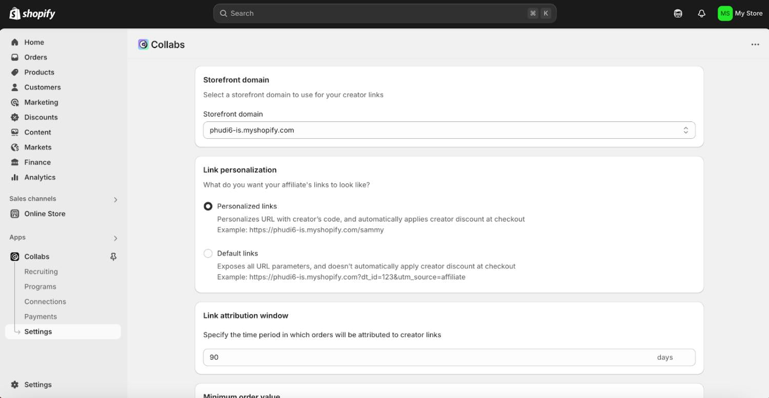 Zrzut ekranu strony Collabs do personalizacji linków.