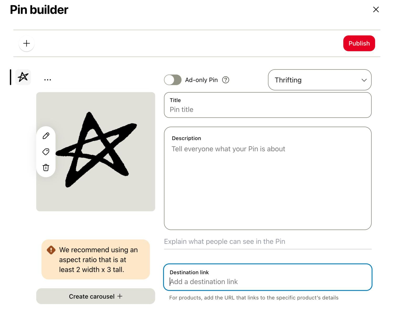 Zrzut ekranu kreatora pinów używanego do przeglądu i publikacji reklamy pinu.
