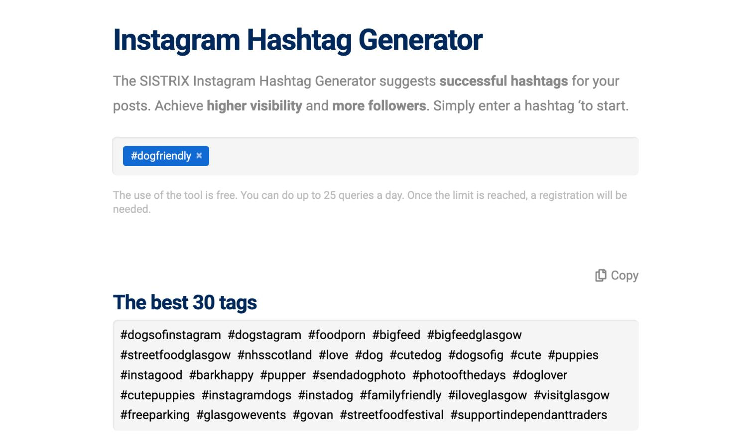 Generator hashtagów na Instagramie pokazujący powiązane hashtagi do #dogfriendly.