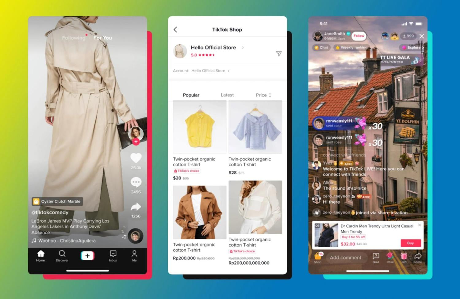 Trzy ekrany TikTok pokazujące film modowy, TikTok Shop z cenami produktów i wydarzenie na żywo.