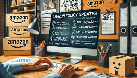 Close-up of a person reviewing Amazon policy updates on Seller Central, with folders labeled 'FBA Policy Updates' in the background, emphasizing the need for sellers to stay current with Amazon's changing guidelines.
