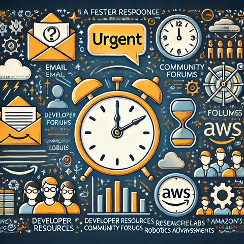 An image featuring an email icon labeled 'Urgent,' a clock symbolizing persistence, a community forum group icon, and icons representing Amazon developer resources and research labs, including robotics advancements.