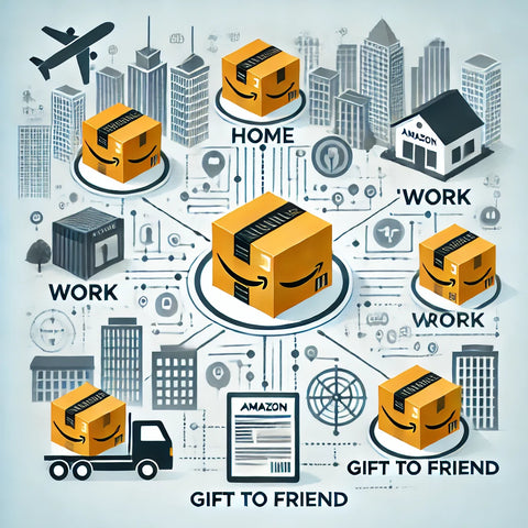 Illustration of multiple Amazon packages labeled 'Home,' 'Work,' and 'Gift to Friend,' set against a cityscape with delivery route icons and trucks, highlighting efficient address management for timely deliveries.