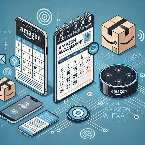 Graphic showcasing advanced Amazon address management tools, including a digital calendar for reminders, a smartphone with third-party app integration, and an Amazon Alexa device processing a voice command. Icons illustrate automation, smart home connectivity, and efficient delivery notifications.