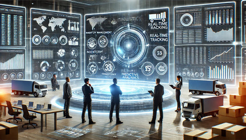 A futuristic logistics control room featuring digital screens with data analytics, charts, graphs, and performance metrics, symbolizing data-driven decision-making and continuous improvement in modern logistics.