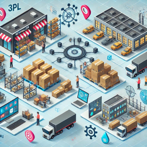 A visual representation of 3PL applications featuring a warehouse with workers handling packages, delivery trucks, a manufacturing facility with logistics planning screens, and icons of AI, blockchain, and IoT indicating technological integration.
