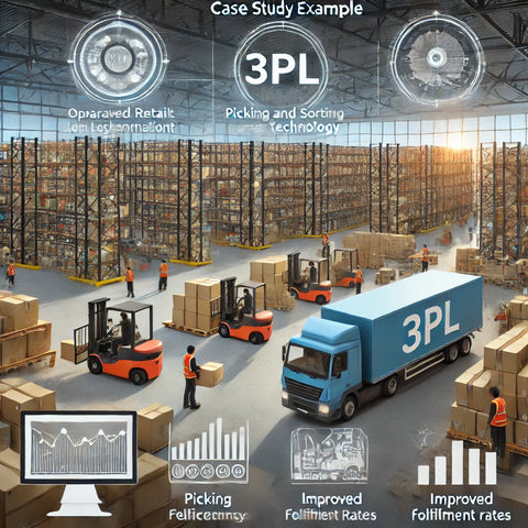A mid-sized retail warehouse with workers using advanced picking and sorting technology, a delivery truck being loaded for dispatch, and a screen displaying logistics analytics for improved fulfillment rates, highlighting operational efficiency and customer satisfaction.