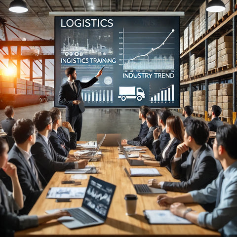 A logistics training workshop with a presenter pointing to a large screen displaying graphs and industry trend analysis, while a group of professionals engage in taking notes and discussing the shared insights.