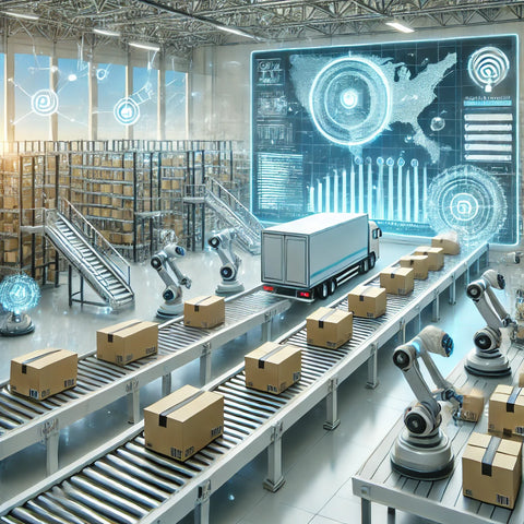 An advanced logistics center with robots and automated machines organizing packages on conveyor belts, digital screens displaying data analytics, and holographic AI elements, representing technology integration and IoT in modern 3PL services.