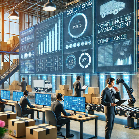 A logistics team in a high-tech control room with digital screens showing data, graphs, and compliance checklists, and a backdrop of automated robotic arms sorting packages, representing the challenges and solutions in the 3PL industry.