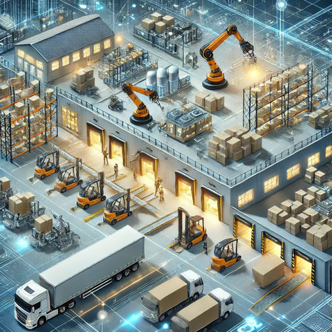 A bustling 3PL logistics hub with workers managing warehouse inventory using handheld scanners, robotic arms sorting packages, and delivery trucks being loaded at loading docks, depicting the integration of advanced technology and streamlined operations in logistics management.