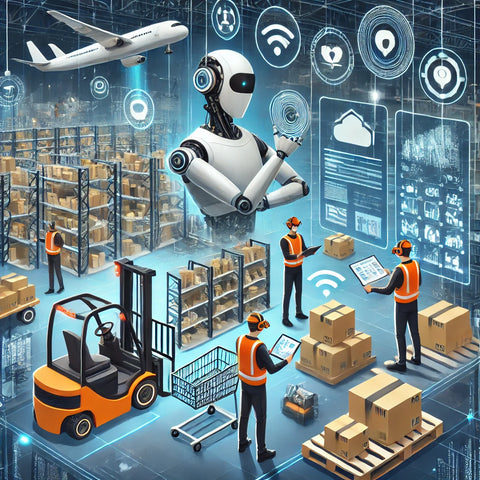 A modern e-commerce fulfillment center featuring workers collaborating with cobots for packing and sorting, augmented reality displays assisting with inventory management, and products strategically placed for rapid delivery, showcasing advanced logistics technology adapting to consumer trends.