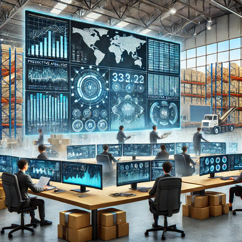 A modern logistics control room with real-time data dashboards showing predictive analytics and stock levels, logistics managers monitoring data, and a backdrop of a warehouse with workers and automated systems, representing data-driven optimization in 3PL logistics.