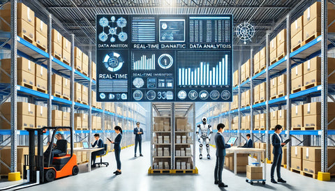 A technologically advanced distribution center featuring real-time data analytics. Warehouse staff interact with large digital dashboards displaying inventory metrics, while IoT devices and automated systems streamline stock tracking. The environment includes brightly lit, organized shelves and robotic equipment, illustrating efficient, data-driven logistics operations.