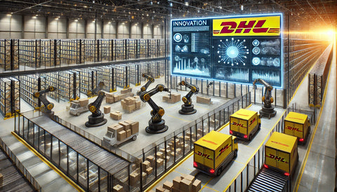 A futuristic DHL distribution center showcasing advanced automation with robotic arms sorting packages, Automated Guided Vehicles (AGVs) transporting goods, and large digital screens displaying logistics data. The environment is spacious, organized, and emphasizes modern logistics technology.
