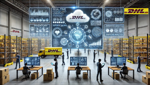 A visualization of a DHL cloud-powered logistics system in a modern distribution center, featuring digital screens displaying real-time inventory and shipment tracking data. Workers access information on tablets, with cloud icons and a dynamic background symbolizing connectivity and scalability.