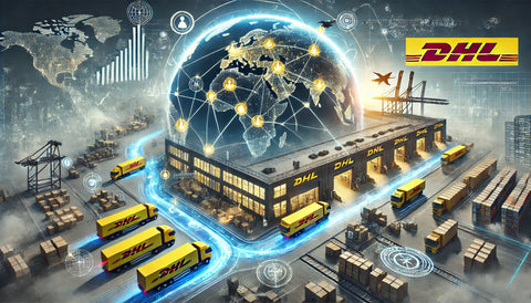 A dynamic DHL distribution center adapting to global supply chain disruptions, featuring flexible workflows, rerouted shipments displayed on a digital map, and logistics teams analyzing real-time data. The environment highlights agility and resilience in modern logistics.
