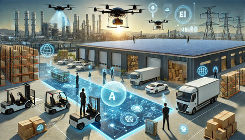 A futuristic distribution center featuring AI-driven systems, drones conducting inventory checks, autonomous vehicles transporting goods, and renewable energy sources like solar panels. Employees are equipped with ergonomic wearable technology and interacting with real-time data displays, emphasizing innovation and sustainability.