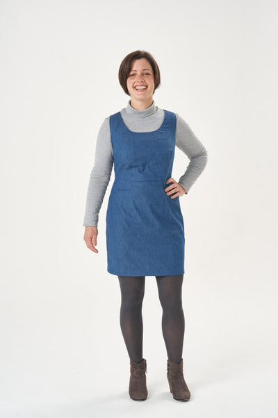 Becca wearing a fitted shift dress which she made by drafting her own pattern blocks in our Stitch School class