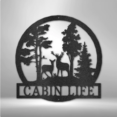 Metal Wall Art scenery of 2 deer in a forest with custom text