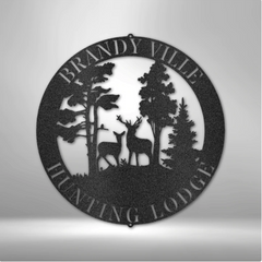 Metal Wall Art circle with deer and trees and custom text