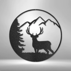 Metal Wall Art Sign of a deer and tree in front of mountains