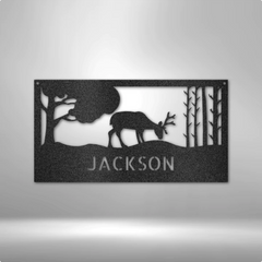 Metal Wall Art Sign of a deer in the woods with custom text