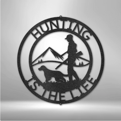 Metal Wall Art Circle with a hunter and his dog with custom text 