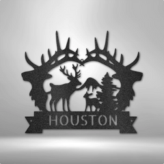 Metal Wall Art Sign of a scenery with deer and custom text 