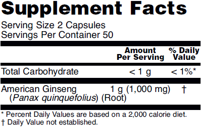 Supplement fact table for NOW American Ginseng dietary supplements
