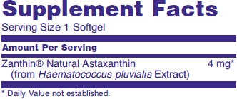 Supplement fact table for NOW Astaxanthin dietary supplements.