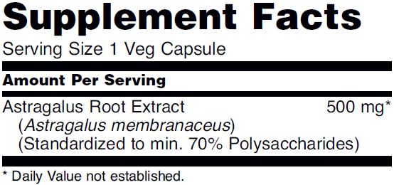Supplement fact table for NOW Astragalus Extract immune support dietary supplement.