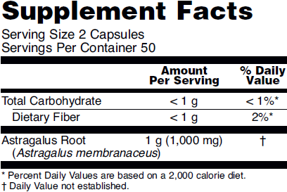 Supplement facts for NOW Astragalus 500mg herbal dietary supplement