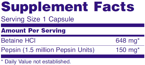 Supplement facts for NOW Foods Betaine digest support dietary supplement with pepsin