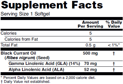 Supplement facts table for NOW Black Currant Oil dietary supplements. 