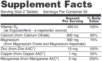 Supplement fact table for NOW Calcium Citrate with Minerals and Vitamin D-2