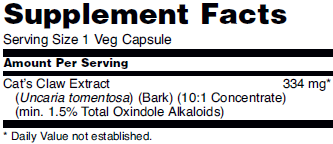 Supplement facts for NOW Cat's Claw Extract dietary supplement for immune support