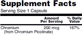 Supplement fact table for NOW Chromium Picolinate capsules