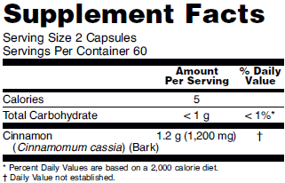 Supplement facts for NOW Cinnamon Bark dietary supplements for healthy glucose metabolism