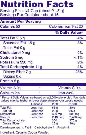 Nutrition facts for NOW Cocoa Powder with Polyphenols